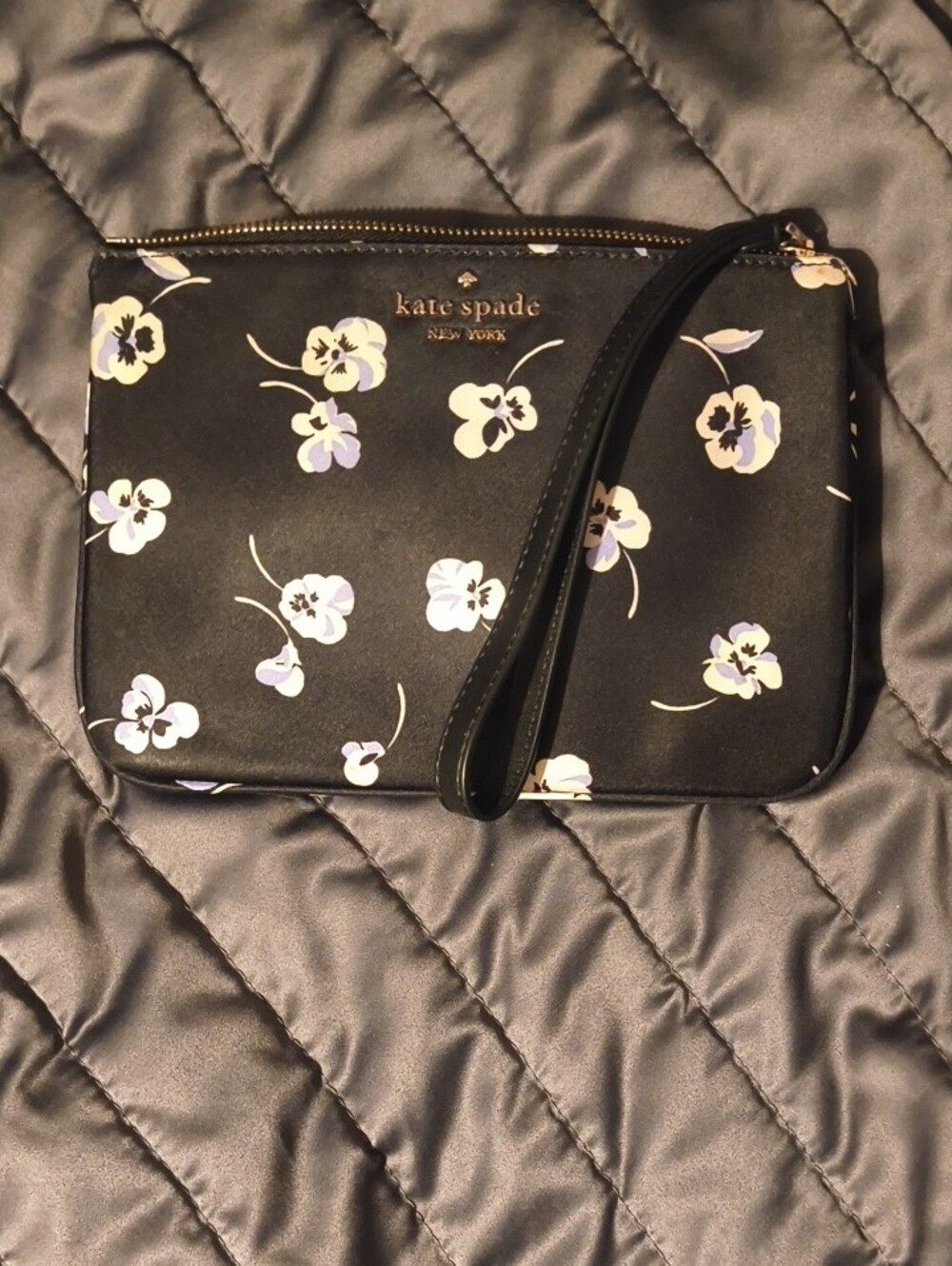 Kate Spade Black Floral Wristlet with Lavender and White Pansies - Picture 5 of 5